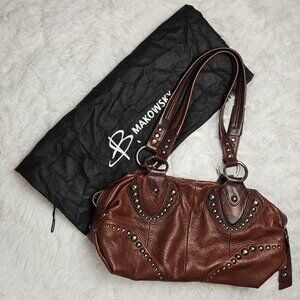 EUC B. Makowski Brown Soft Leather Studded Embellished 15"x9" Shoulder/Handbag